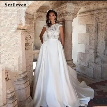 

Smileven Boho Lace Princess Wedding Dresses Cap Sleeve A Line Satin Bride Dress Robe De Mariage Custom Made