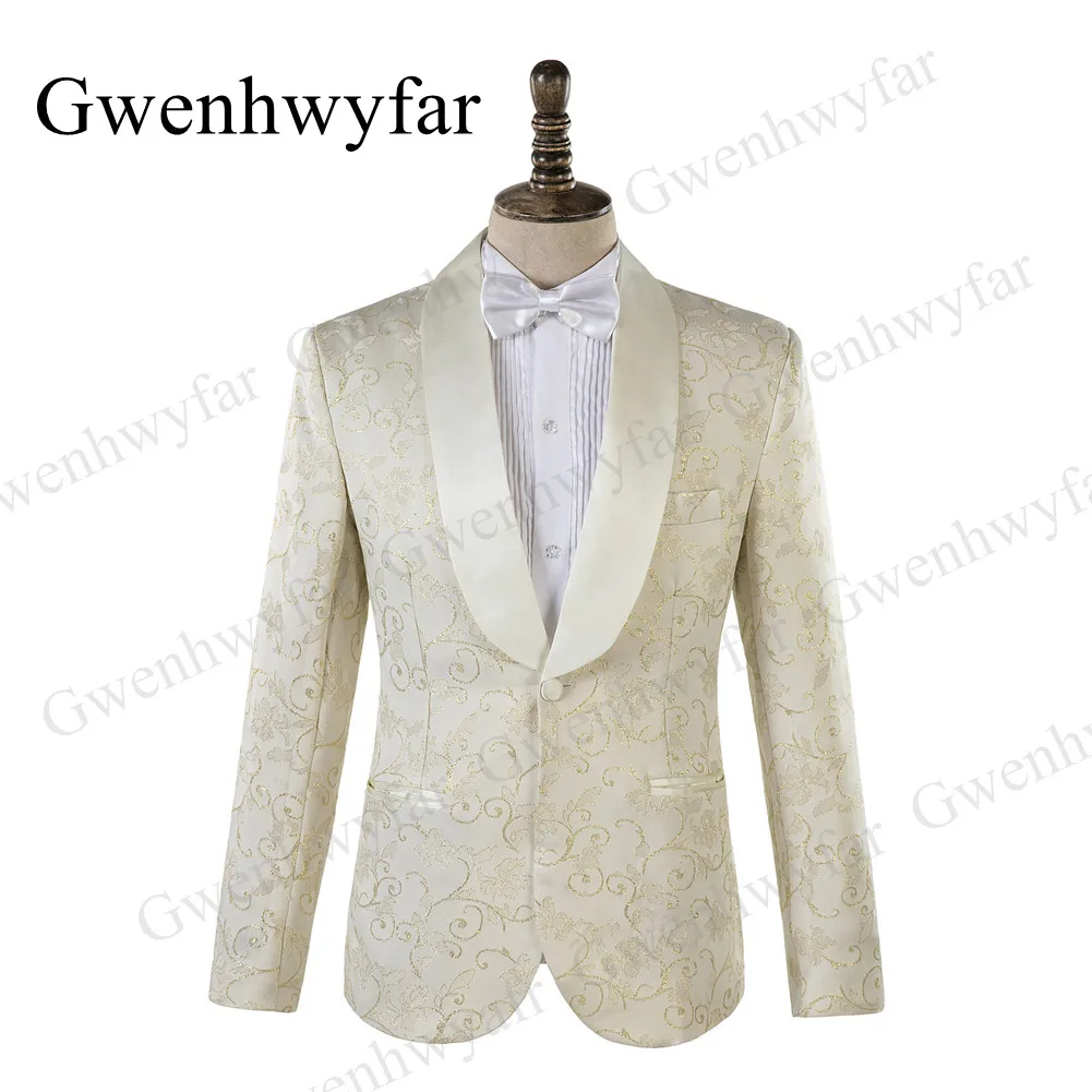 Gwenhwyfar Tailor-made Men Tuxedos Cream Color Gold Line Embroidery Costume Formal Shawl Lapel Men Suits 3 Pcs