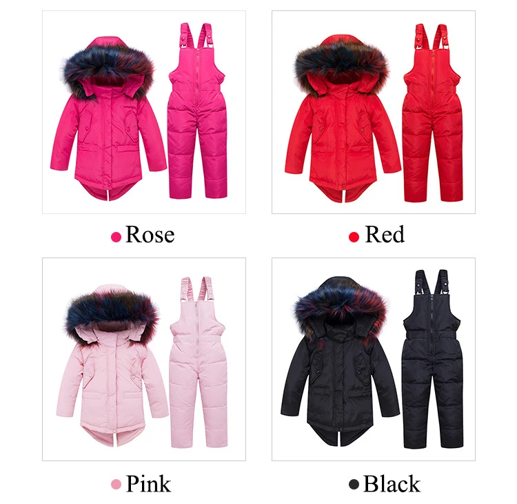 Dollplus/зимние теплые комплекты одежды для детей с меховым капюшоном пуховое пальто для девочек, комбинезон из 2 предметов, детский зимний костюм, детский лыжный костюм