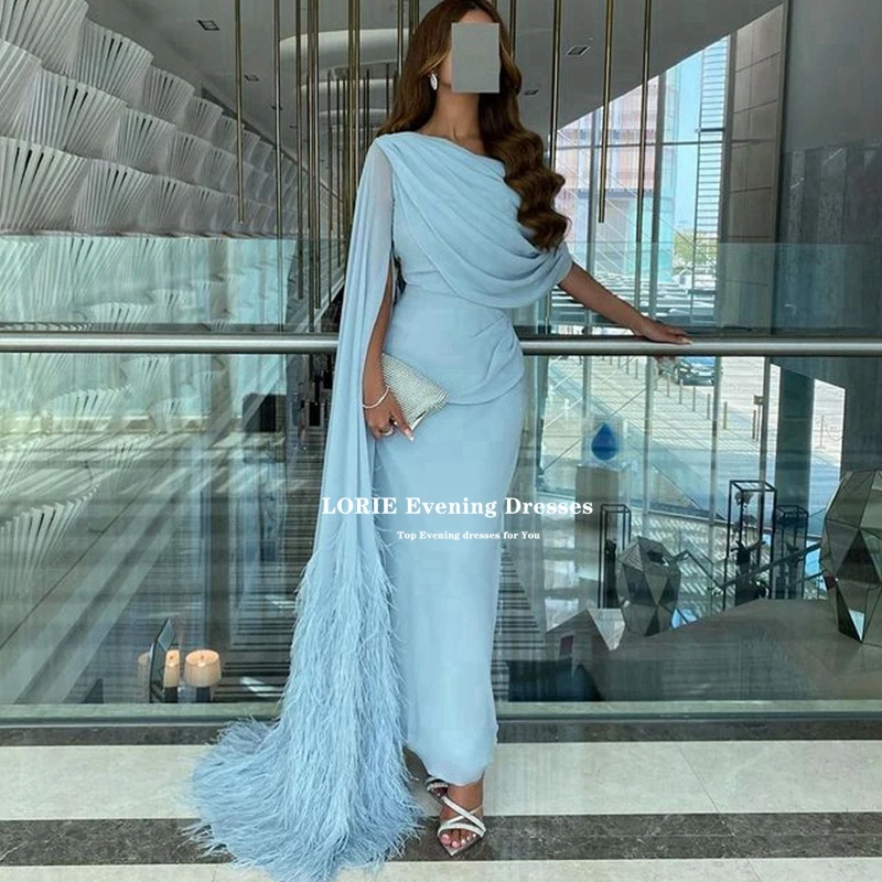 LORIE Sky Blue Chiffon Long Prom Dresses Cap Sleeves With Long Feather Brush Mermaid Evening Gowns Sexy Formal Party Dress