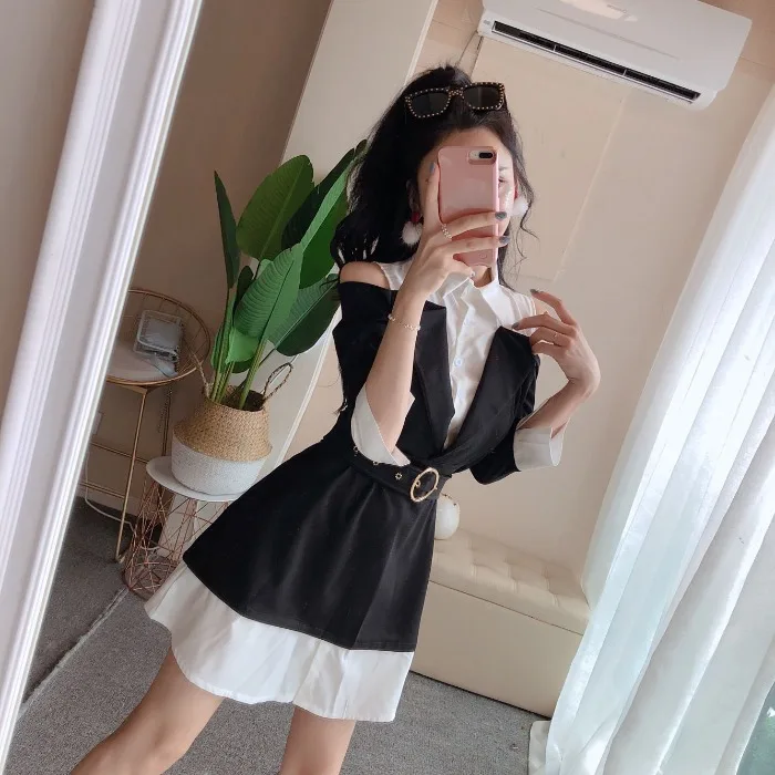Поддельные два предмета ulzzang модное Брендовое платье дизайнерское женское весенне-осеннее стильное платье с отложным воротником и открытыми плечами vestidos новинка