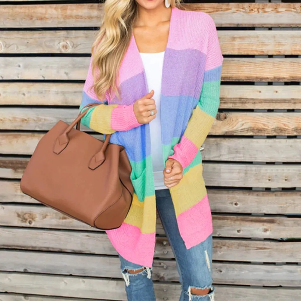 

Knit Cardigan Women Plus Size Womens Patchwork Long Sleeve Rainbow Stripe Cardigan Tops Sweater Coat 2019 Robe Femme Hiver