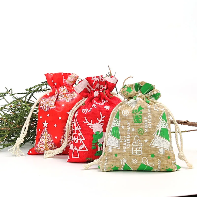 

9 * 12Cm Christmas Tree Printed Linen Drawstring Bag Jewelry Candy Christmas Day Decoration Bag 20pcs