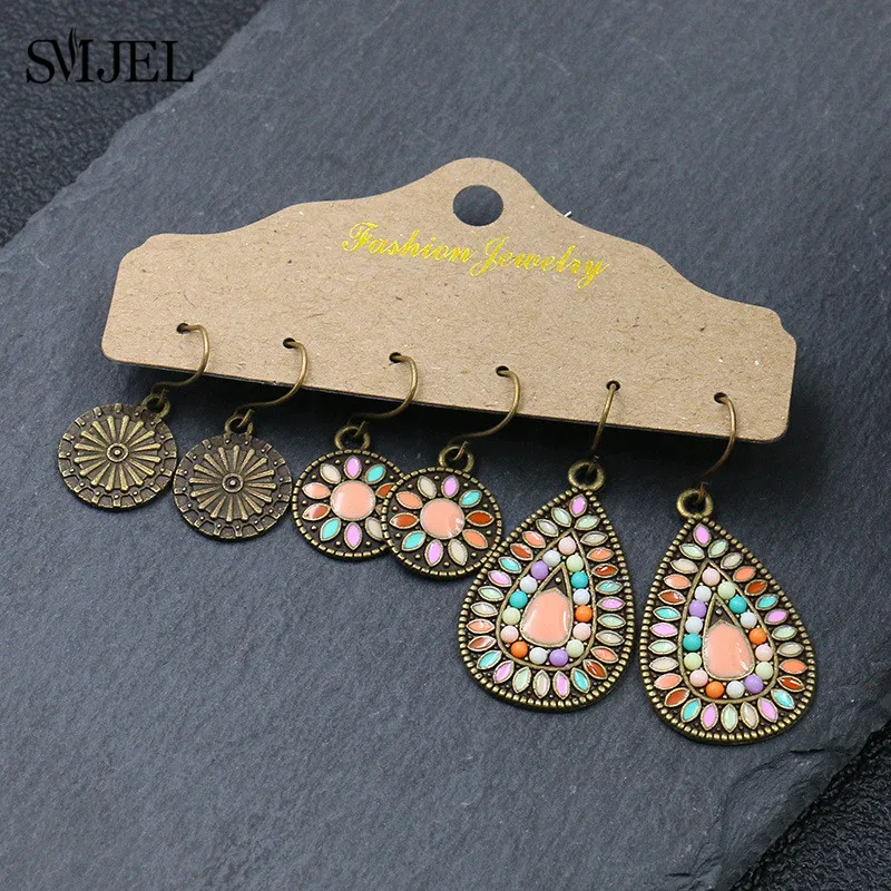 SMJEL, 3 пары, круглые Висячие серьги для женщин, винтажный богемский этнический висячие серьги с эмалью и маслом в виде цветка, ювелирное изделие, подарок