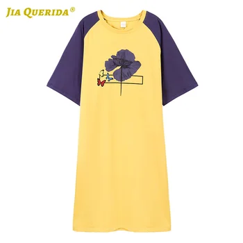 

New Soft Woman Night Gown Fashion Style Summer Casual Style Night Wear Home Dress Long Shirt Patchwork Yellow Woman Clothes