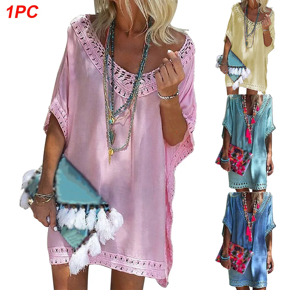 Women Holiday Summer Beach Mini Solid Loose Short Sleeve Ladies Fashion Beach Dress Hollowed Brim One Size V Neck