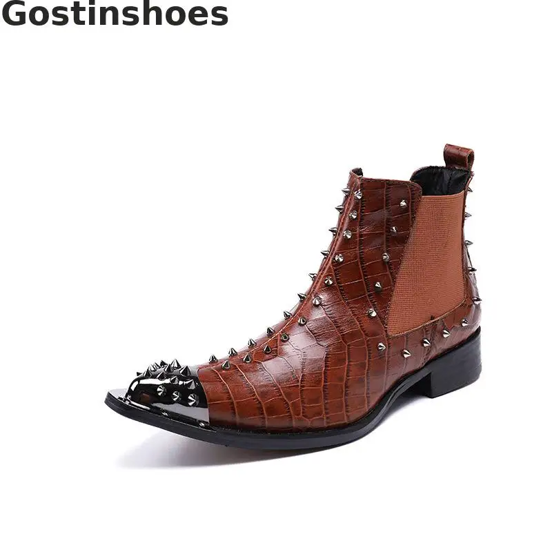 

Autumn Fashion Men Boots Brown Genuine Leather Crocodile Printed Rivets Decoration Metal Capped Toe Side Zipper Ankle Short Boot