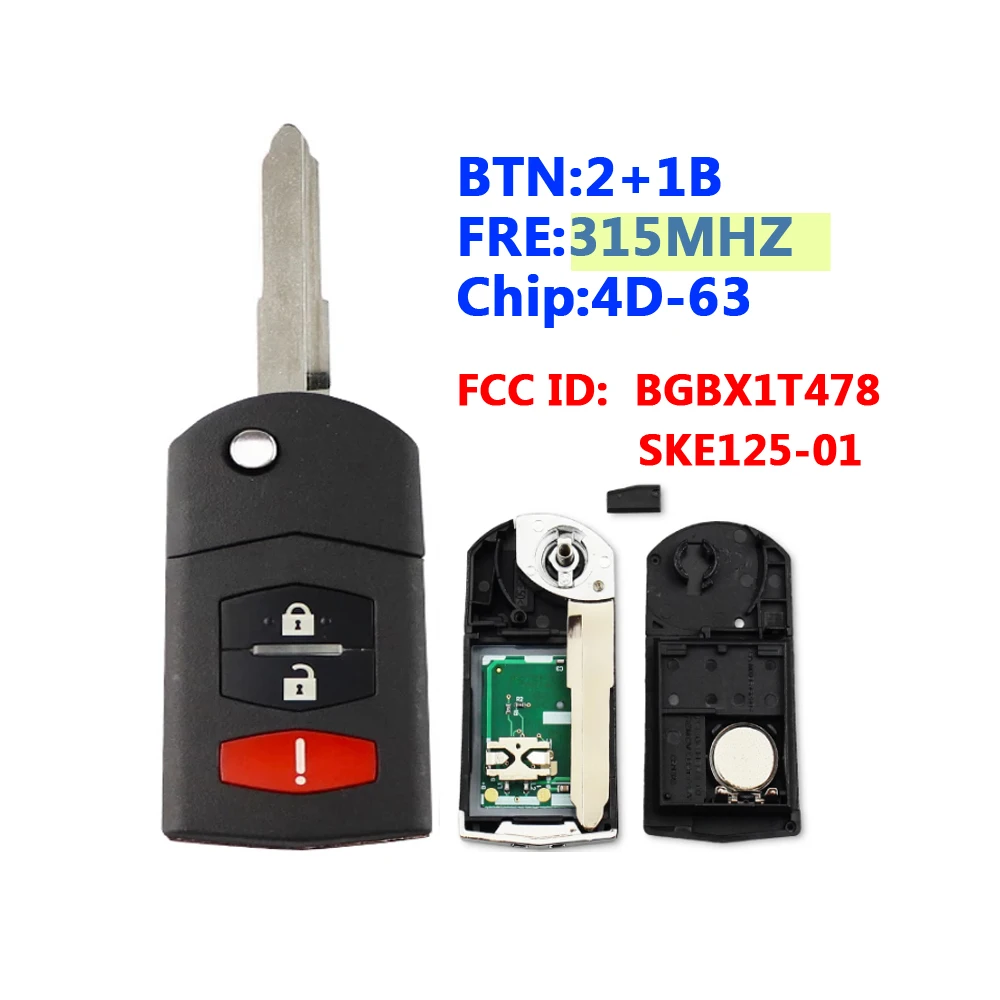 315 МГц 4D63 BGBX1T478 SKE125-01 флип 2 + 1B пульт дистанционного ключа для Mazda 3 6 MX-5 Miata CX-7 CX-9 RX-8 |