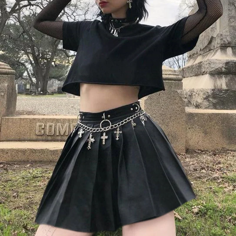 Goth Dark гранж-панк летние юбки в готическом стиле для женщин уличная молния заклепки плиссированные черные металлические кольца юбка PU Соблазнительные мини-юбки