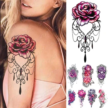 Wodoodporna tymczasowa naklejka tatuaż różowa fioletowa róża lotos piwonia tatuaże koronkowe kwiaty tatuaże do ciała ramię fałszywy rękaw tatuaż kobiety mężczyźni tanie i dobre opinie YOEMTAT CN (pochodzenie) 21X11 4cm Zmywalny tatuaż
