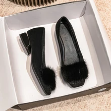2021 autumn/winter new ladies high school shoes black square head Korean version with cashmere middle single shoes free delivery