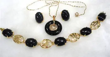 

green/red jade -black agate mixed bracelet/earring/ring set>AAA 18K GP Plated gold Bridal wide watch wings queen JEWE W5078