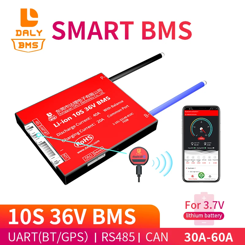 smart BMS 10S 36V 30A 40A 60A Bluetooth 485 to USB device NTC UART software togther Lion LiFepo4 Battery protection Board BMS afbeelding
