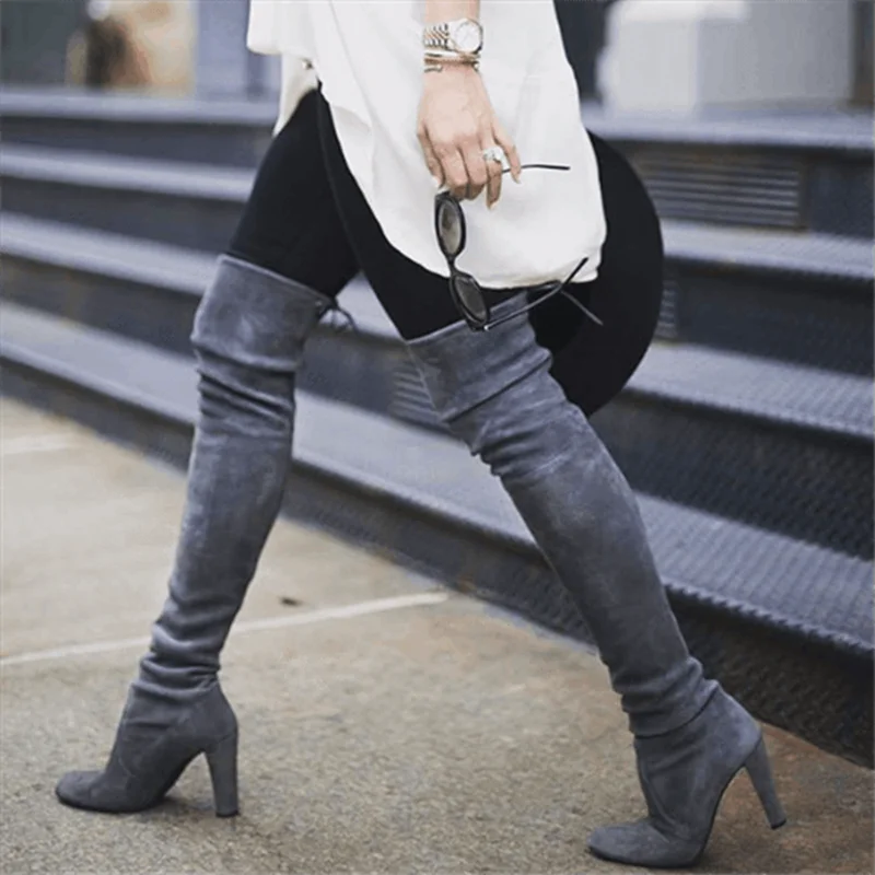 PUIMENTIUA женские облегающие высокие сапоги; модные замшевые женские туфли-лодочки на высоком каблуке, на шнуровке, Женские Сапоги выше колена Обувь большого размера - Цвет: gray