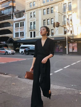 

Black Wide-leg Drape Casual Pants Female Spring 2020 New Style V-neck Short Sleeve One-piece Pants
