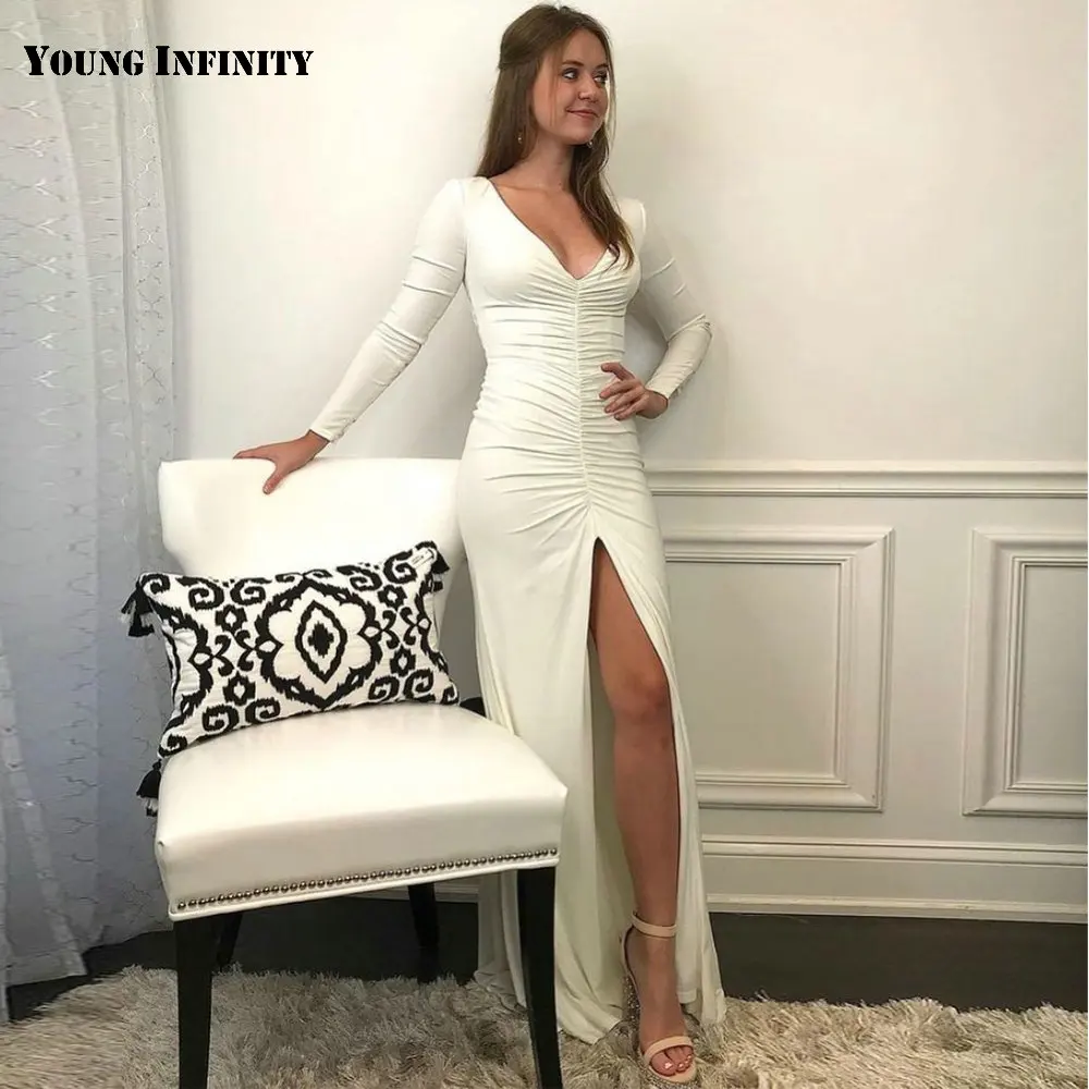 

Hot Sale White Prom Dress V Neck Full Sleeves Lace Appliques Pleat Sweep Train Floor Length Front Slit Straight Party Gown 2021