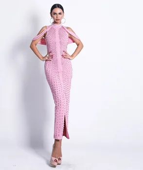 

Sexy midi dress white Dress Women Off The Shoulder Pearl Beading Long Dress High Collar Forked Sexy Club Dress