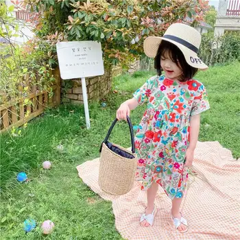 

Wholesale 2020 Summer New Girl Floral Dress Korean Style Cotton Linen Short Sleeve Holiday Dress Children Clothes MS2020