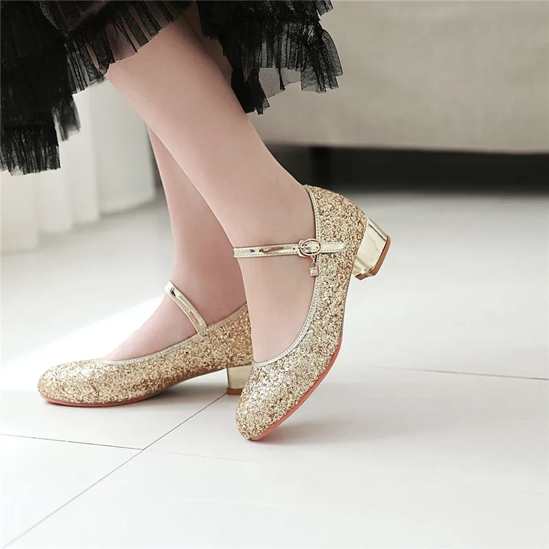 New Womens Chunky Low Heel Comfort Buckle Ankle Strap Glitter Mary Jane Shoes Round Toe Vintage Shiny Bling Dress Pumps A849