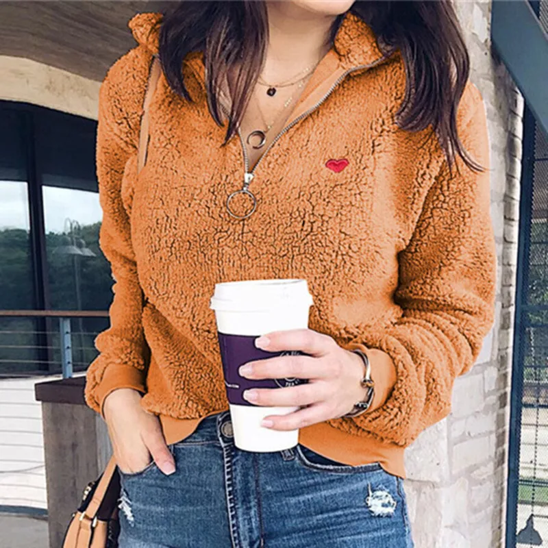 

Plush Sweatshirt Women Long Sleeve Heart Embroidery Sweatshirt Top Fashion Autumn Long Sleeve Zipper Stand Collar Pullover Top
