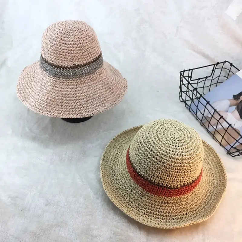 Women Handmade Crochet Straw Beach Sun Hat Contrast Color Stripes Adjustable Packable Wide Brim Sunscreen Holiday Bucket Cap