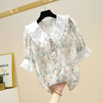 

Blouse Woman Summer Fall New Sweet Slimming Lace Doll Collar Floral Chiffon Shirt Women's Short-Sleeved Shirts Blouses Female