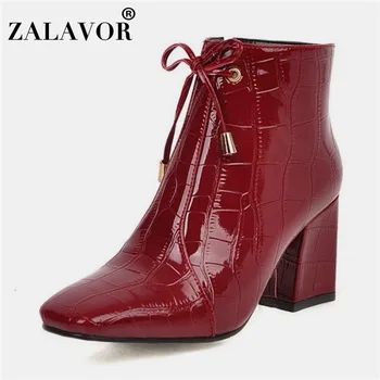 

ZALAVOR 2020 Size 32-48 Pu Leather Ankle Boots Office Ladies Bowtie Zipper Square Heels Shoes Women High Heel Winter Boots