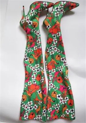 Модные женские сапоги выше колена; Роскошная стильная тканевая эластичная обувь на высоком каблуке-шпильке без шнуровки; тянущийся носок; сапоги - Цвет: green flower