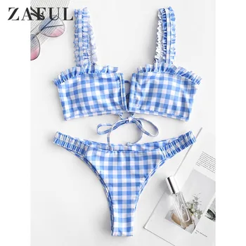 

ZAFUL Plaid Women's Swimsuit V Wired Ruffle Bikini Set Wire Free Straps Swimwears Summer Two Pieces Sexy Bathing Suit 2020