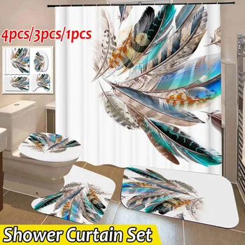 

Feather Print Waterproof Shower Curtain Set Non-slip Bath Mat Toilet Lid Cover Rugs Mat Polyester Fiber bathroom curtain