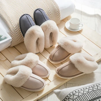 Home Women Full Fur Slippers Winter Warm Plush Bedroom Non-Slip Couples Shoes Indoor Ladies Furry Slippers 1