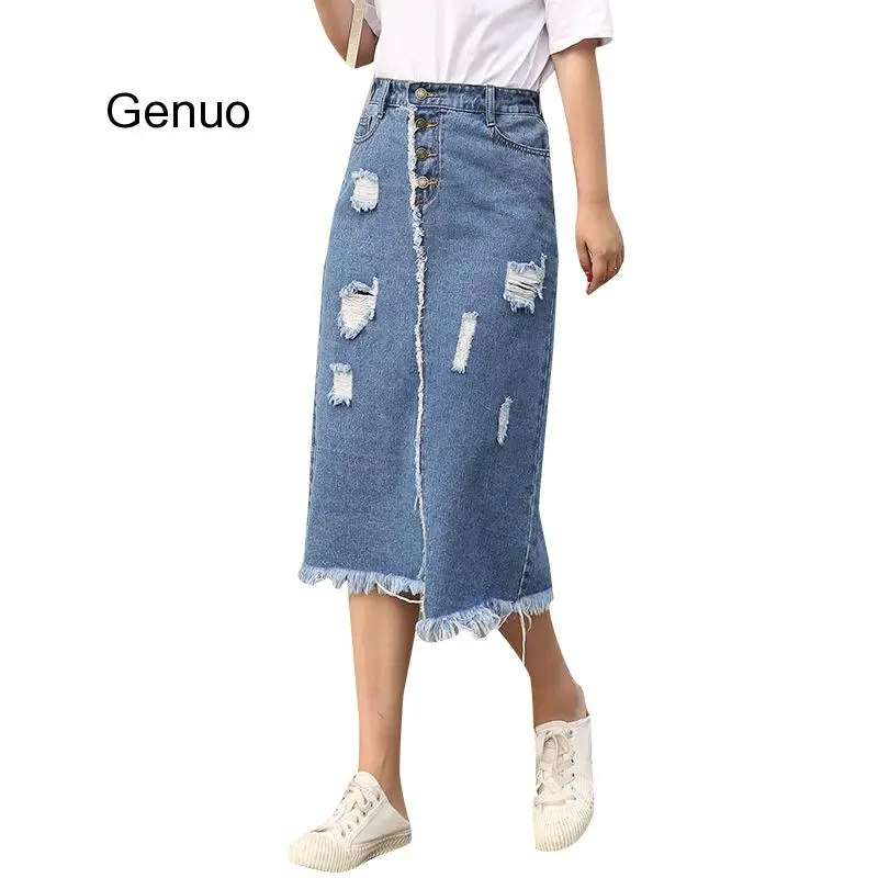 Women Denim Skirt Korean Front Breasted Skirt Female Holes Fashion New Fat Mm Jeans Skirt Thin Skinny Large Size 8XL Female women flare jeans casual pants knee holes tassels bleached fashional high elastic waist fit female high quality