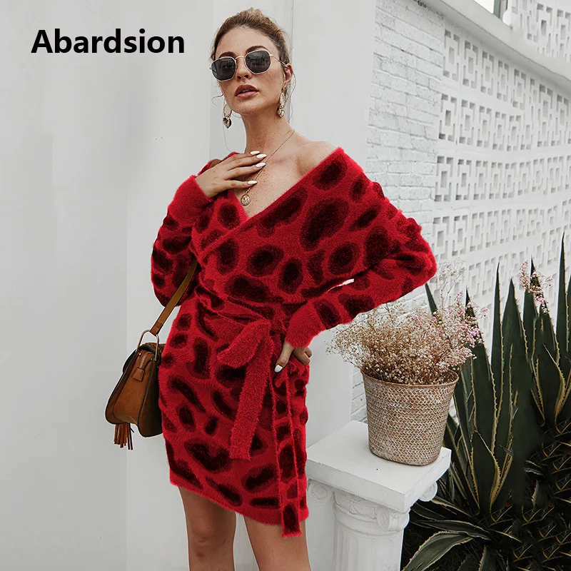 Женское леопардовое трикотажное платье Abardsion облегающее свитер с длинным