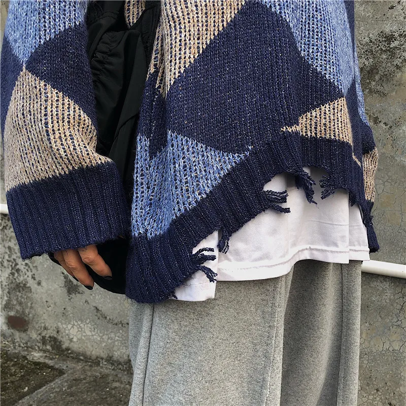 Пуловер Neploe контрастного цвета, свитер Harajuku, винтажный вязаный джемпер большого размера для женщин и мужчин, длинный рукав, с дырками, для женщин, 55604