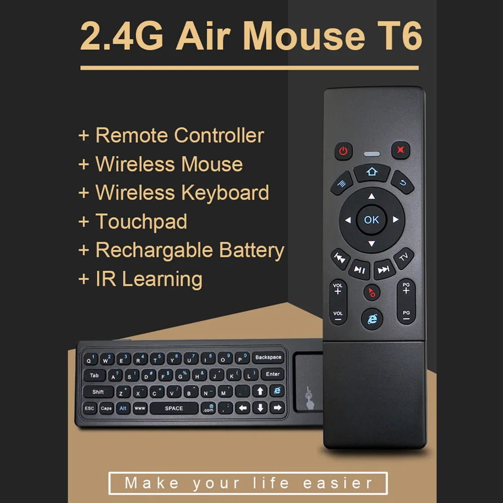 

T6Plus 2.4G Wireless 7 Color Backlit Air Mouse Keyboard For Smart TV Android Box 4 In 1 Functions Compatible Device