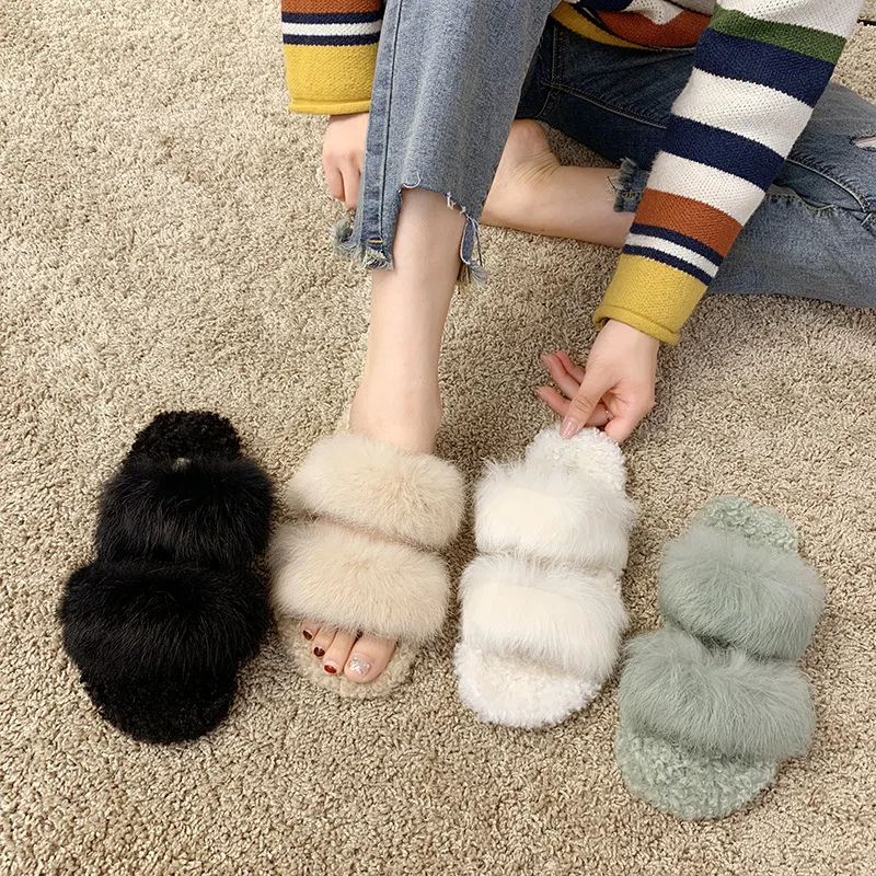

Online Celebrity Slipper Daughter Baby Outer Wear 2019 Autumn And Winter INS Fashion New Style Furry Sandals Anti-slip Flat Heel