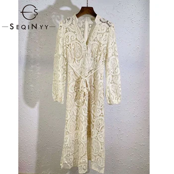 

SEQINYY Bohemian Dress 2020 SUmmer Spring New Fashion Design Women Lantern Sleeve Lace Hollow out Flowers Midi Dress Belt