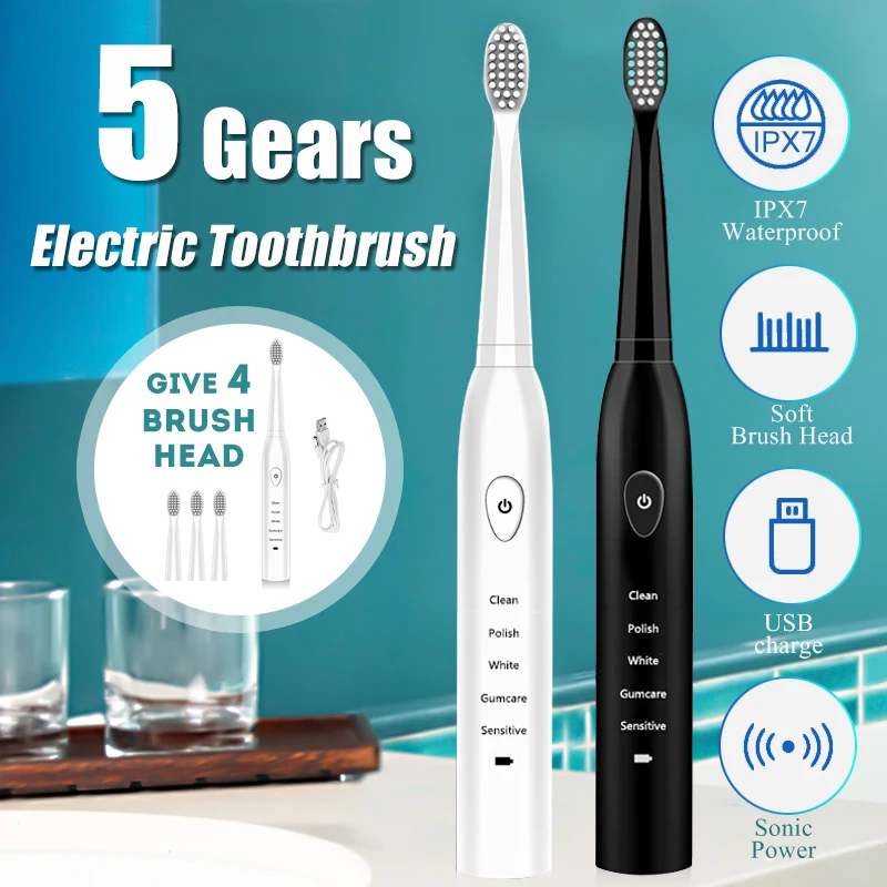 Ultrasonic Electric Toothbrush Adult Timer Brush Usb Charge Soft Tooth Brushes With 4pcs Replacement Head 5 Vibration Mode Ultrasonic Electric Toothbrush Adult Timer Brush Usb Charge Soft Tooth Brushes With 4pcs Replacement Head 5 Vibration Mode
