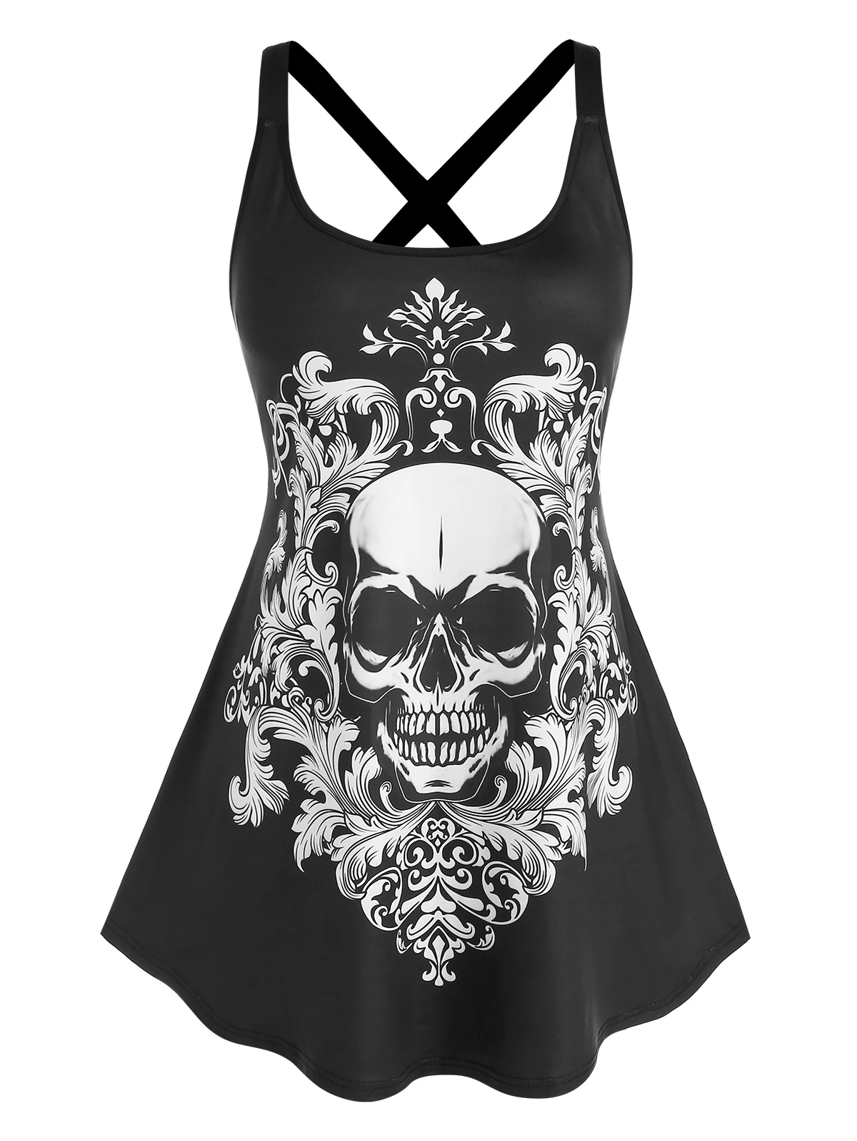 New Womens Plus Size Baggy T Shirt Ladies Sleeveless Back Cut Out Skull Vest Top