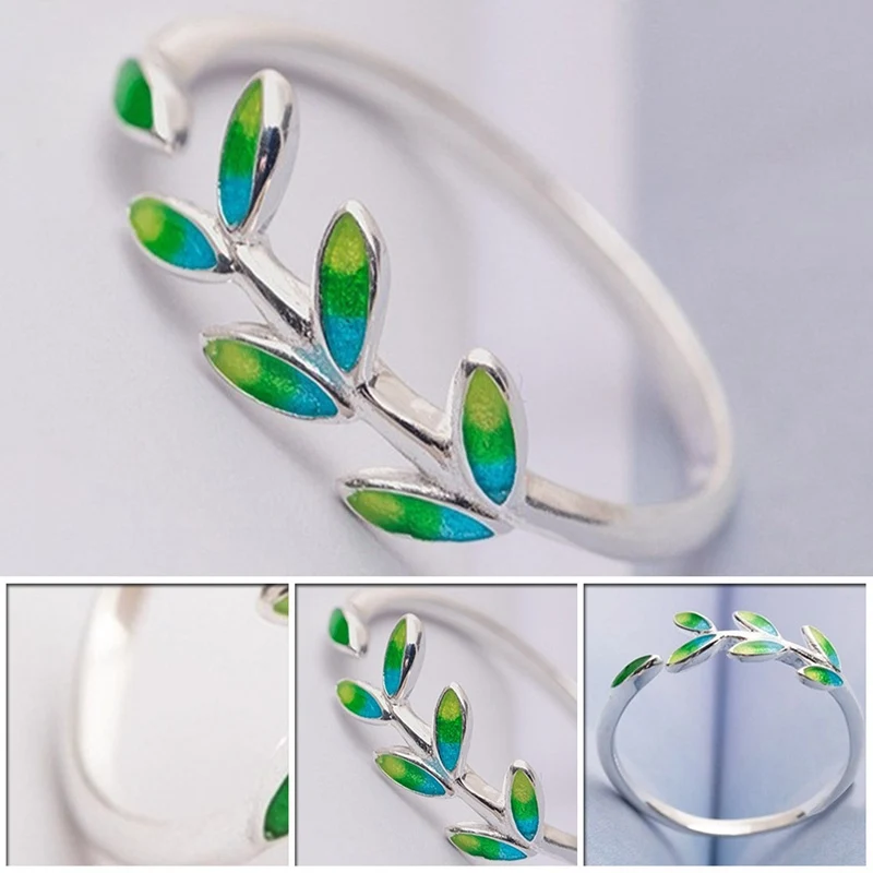 Эмалированные зеленые листья оливковой ветви, открытые кольца для женщин, креативные женские модные кольца с свежими листьями, ювелирные изделия