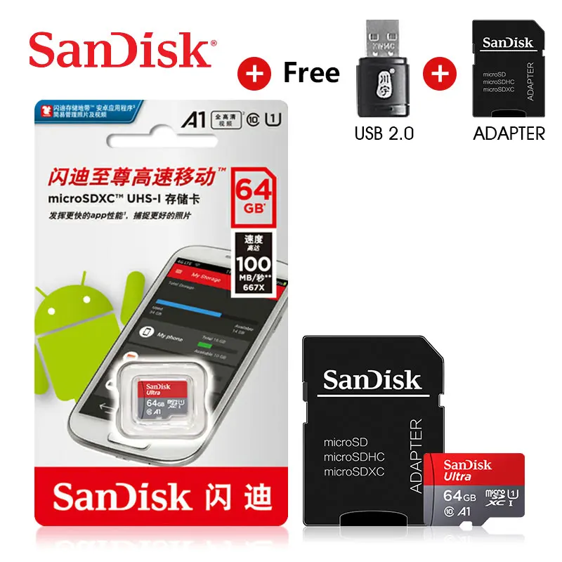 SanDisk A1 Micro sd карта памяти 256 ГБ 200 ГБ 128 Гб 64 Гб 98 МБ/с./с ...