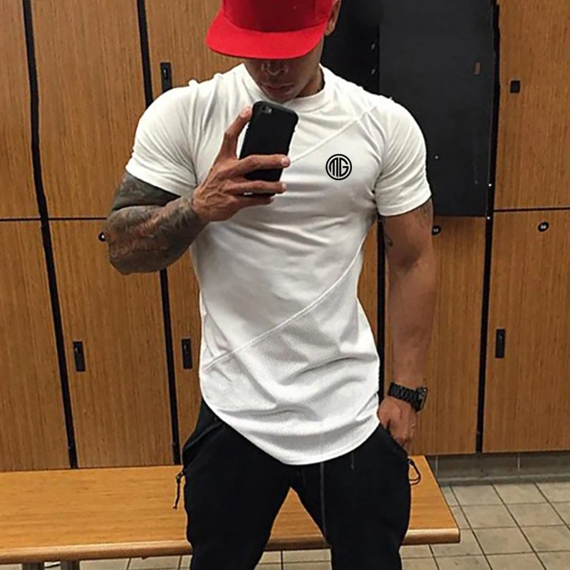 Для мужчин s бег T рубашка Спортивная одежда Фитнес Спортивная Футболка Slim fit Футболка для спортзала майка для бодибилдинга Для мужчин хлопка с сеткой в стиле «пэтчворк Рашгард