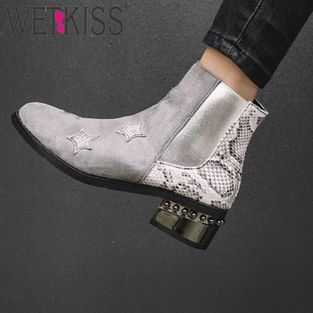 

WETKISS Round Toe Thick High Heel Shoes Metal Decor Bling Female Bootie Mixed Color Casual Boot Sexy Snakeskin Women Ankle Boot
