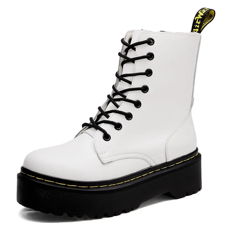 Platform Martins Boots Women Shoes New Genuine Leather Ankle Boots Women Punk Shoes Thick Bottom Motorcycle Boots Doc Mujer - Цвет: white