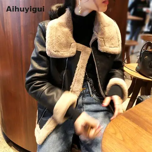Aihuyigui/ зимняя женская куртка из искусственной кожи в Корейском стиле с длинным рукавом и воротником-стойкой на молнии и карманом, черное пальто mujer Tb095