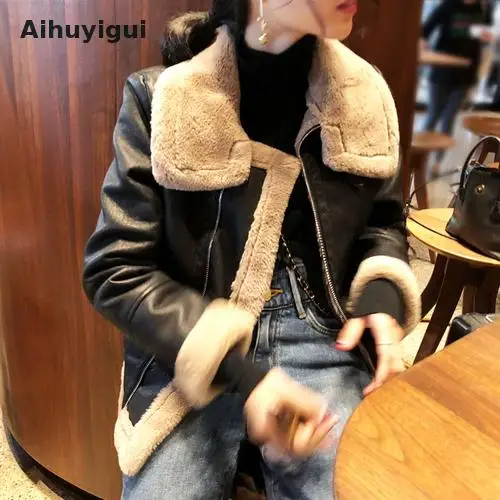 

Aihuyigui 2019 Winter Women Korean Style Pu Jacket Full Sleeve Turn-down Collar Zipper Pocket Black Coat mujer Tb095