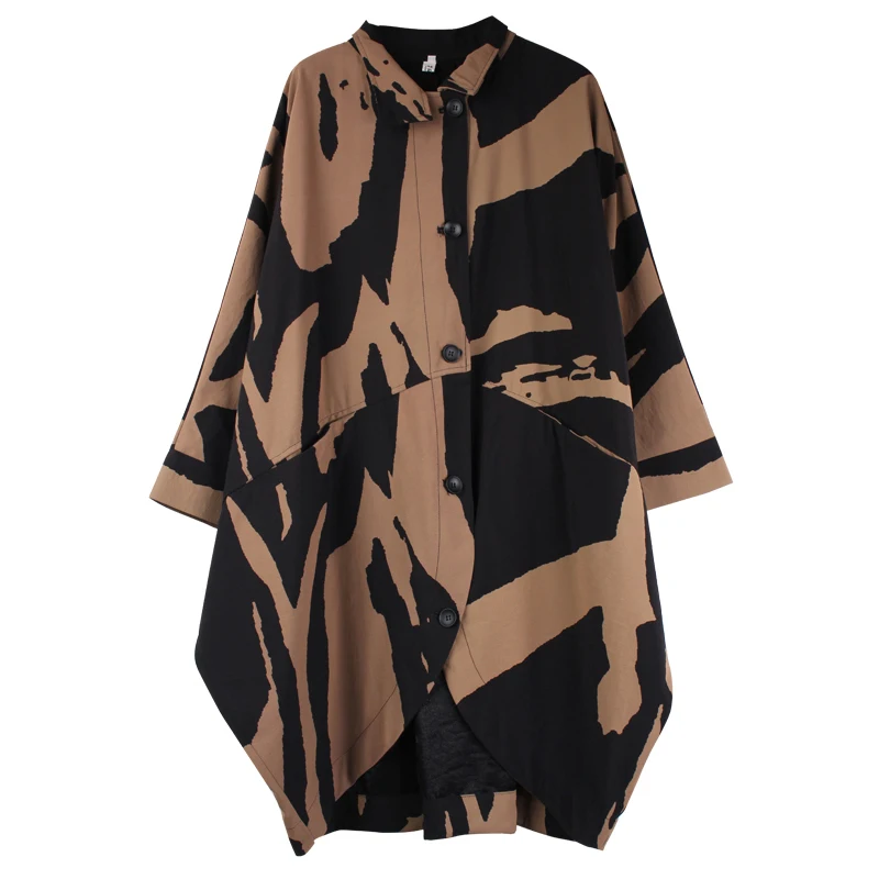 С длинным разрезом воротник ветровка куртка осень толстый мм Свободный Печать Большой размер была тонкая куртка женская 753