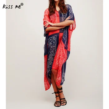 

Folk Style Long Beach Cover Up V Neck Loose Sarong Wrap Sun Protection Beach Wear Dress Women Maxi Dress Red Blue Tunic Cover Up