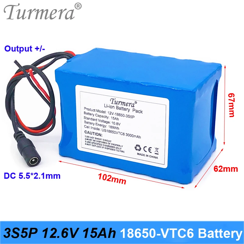 Turmera 12V 15Ah 3S5P VTC6 3000mAh battery with 40A BMS for uninterrupted power supply 12V Rechargeable Lithium Battery Pack Use 08