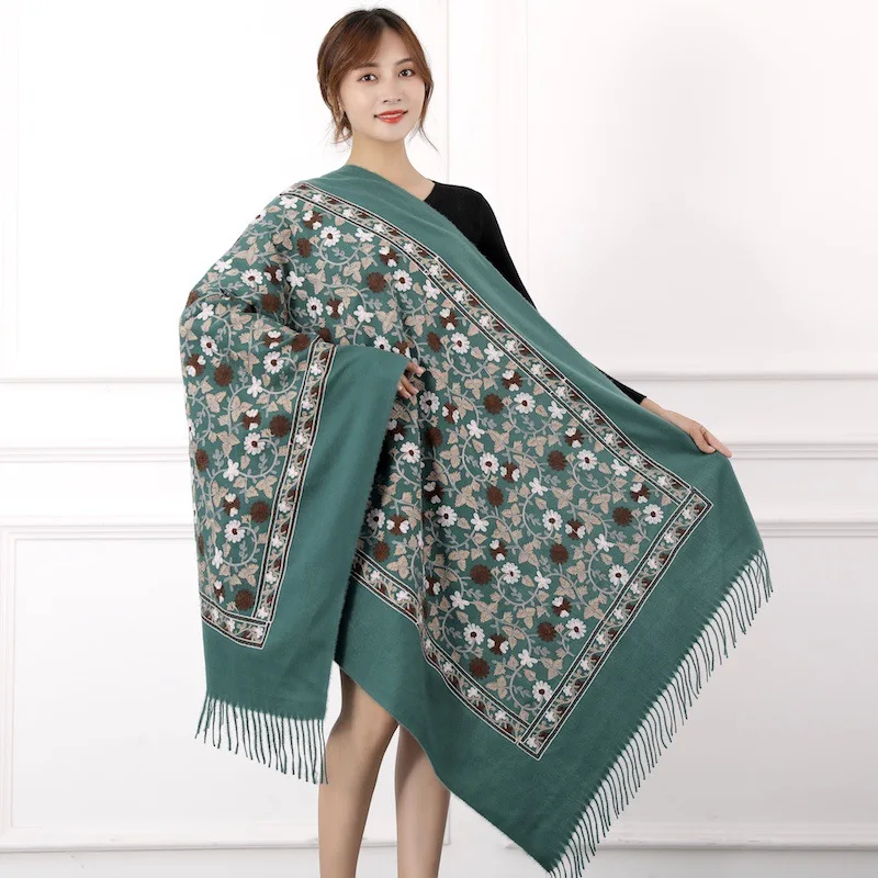 Роскошный брендовый толстый зимний шарф для женщин, теплый кашемировый шарф гинкго с цветочной вышивкой, шалевая накидка с бахромой в виде кисточек, одеяло, хиджаб, шарф из пашмины